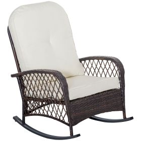 Outsunny Outdoor Wicker Rocking Chair with Wide Seat and Thick Cushion Cream White Patio Rocker