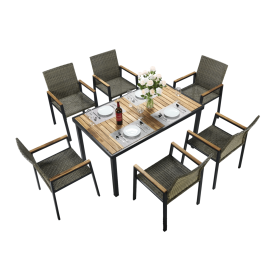 All Weather 7-Piece Patio Dining Table Sets, Patio Conversation Set Acacia Wood Table Top with Umbrella Hole, Rattan Outdoor, Brown Gray Color