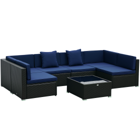 Outsunny 7-Piece Rattan Couch, Outdoor Patio Furniture Set, with Removable Cushions and Ottoman, Glass Coffee Table- Dark Coffee/Blue