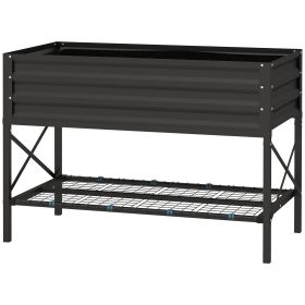 pOutsunny Black Galvanized Raised Bed: Elevated Planter with Shelf, Liner Included for Outdoor Gardening|