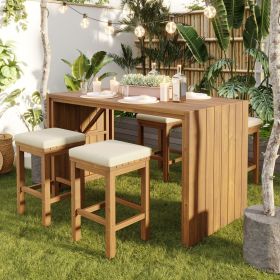 5 Piece Outdoor Bar Set, Patio Acacia Wood Bar Height Table & Four Stools with Cushions, Wood Dining Bar Set for Backyard, Poolside, Balcony,