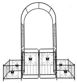 Metal Garden Arch with Gate 79.5'' Wide x 86.6'' High Climbing Plants Support Rose Arch Outdoor Black