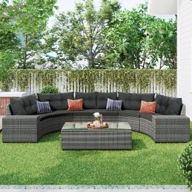 8-pieces Outdoor Wicker Round Sofa Set, Half-Moon Sectional Sets All Weather, Curved Sofa Set With Rectangular Coffee Table (Color: Gray)